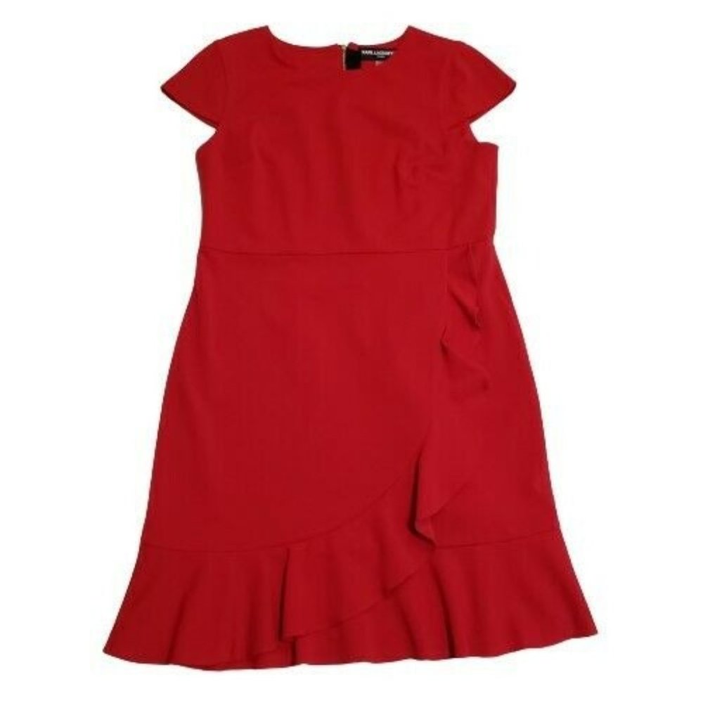 Karl Lagerfeld Paris Sz 12 Red Ruffled Short Sleeve Sheath Dress